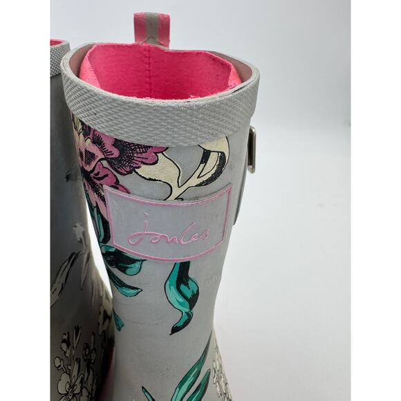 Joules Wellies Women's Size 7 Floral Mid-Calf Rubber Rain Boots Gray/Pink - Picture 5 of 7